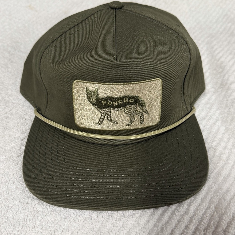Poncho Outdoors Hat Cap Snap Back Mens One Size Green Patch Embroidered Coyote